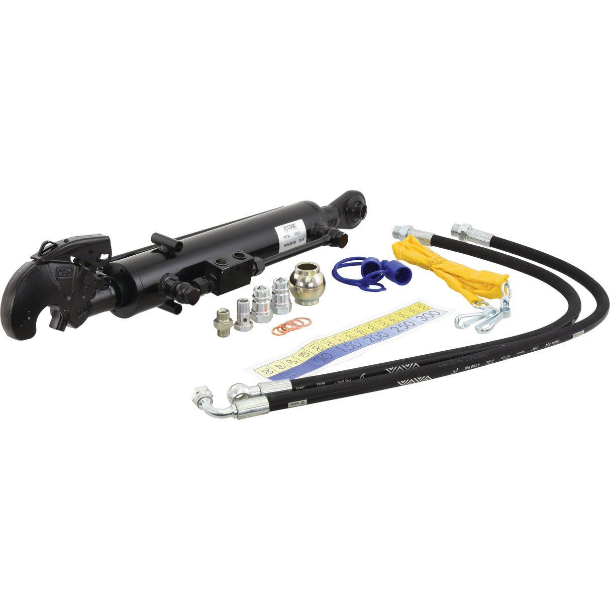 A Sparex Hydraulic Top Link (Cat.1/2) Ball and Q.R CBM Hook with a cylinder bore of 63mm and a minimum length of 610mm, accompanied by attached hoses, various fittings, a yellow protective cap, and additional small components arranged on a white background. | Sparex Part No.S.331031