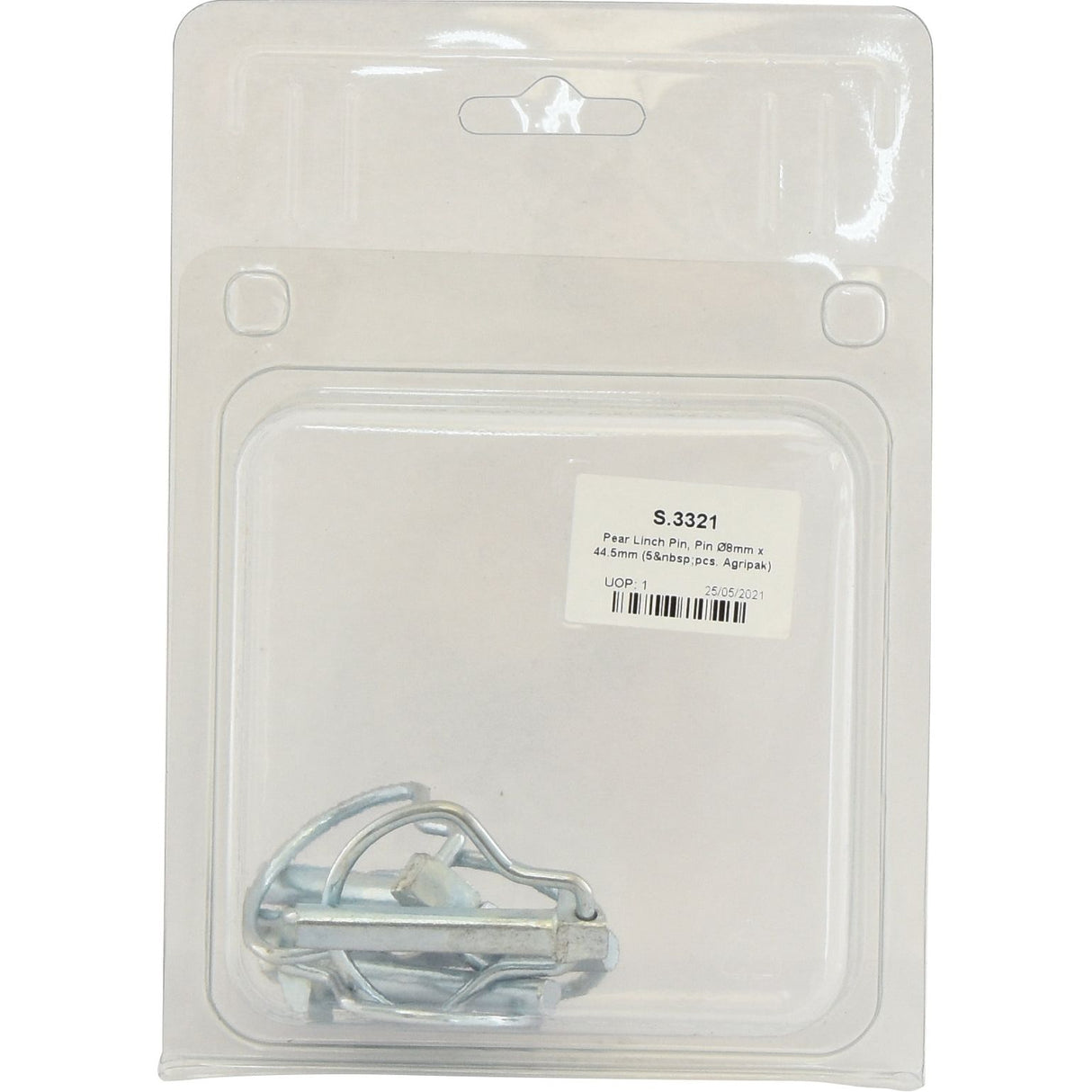 Clear plastic packaging containing a silver hardware item labeled "Pear Linch Pin, Pin Ø8mm x 44.5mm (5 pcs. Agripak) | Sparex Part No.S.3321" from Sparex.