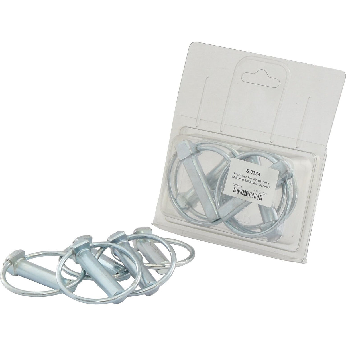 Four Ø11mm metal Pear Linch Pins are out of their packaging, with another set of Pear Linch Pins in plastic packaging labeled Agripak behind them. The product is identified as Pear Linch Pin, Pin Ø11mm x 44.5mm (5 pcs. Agripak), Sparex Part No.S.3334 from the brand Sparex.