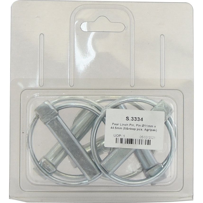 A packaged set of five Sparex Pear Linch Pins, each with a diameter of Ø11mm and a length of 44.5mm, labeled as "Sparex Part No. S.3334," displayed in clear plastic packaging.