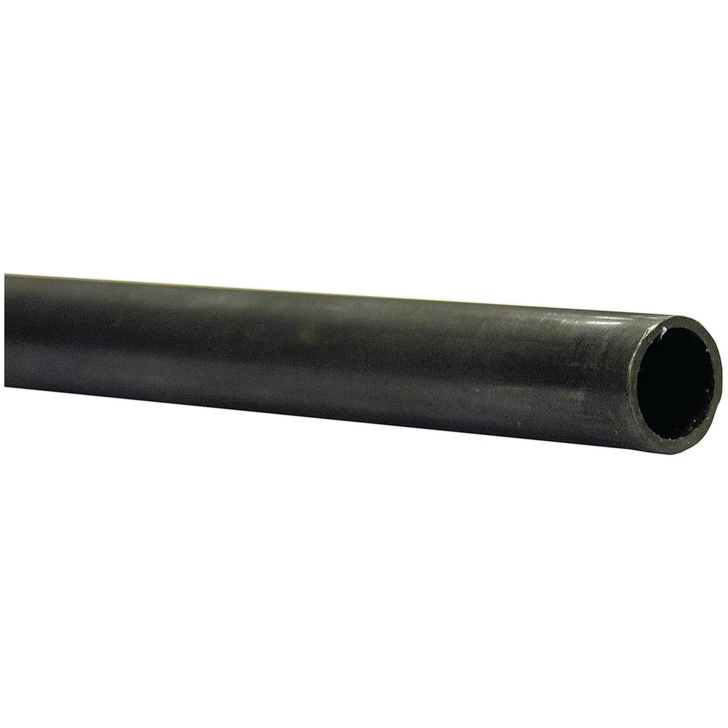 Close-up view of a Sparex black, cylindrical Steel Hydraulic Pipe (22L) 22mm x 2mm with a hollow interior. One of its ends is visible, showing the circular opening. This pipe boasts a working pressure of 3620 psi and is available in lengths of 3m (Sparex Part No.S.34006).