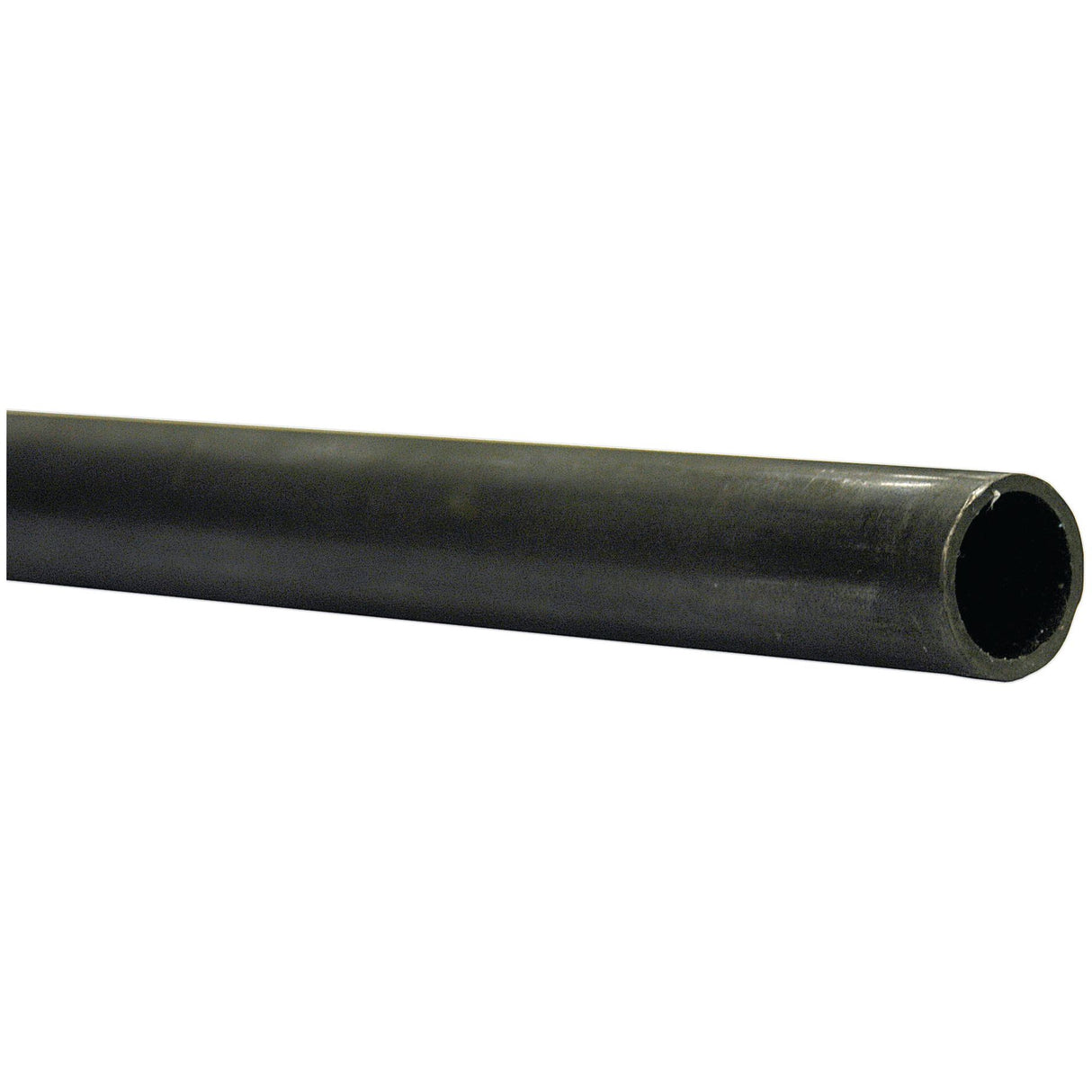 Close-up view of a Sparex black, cylindrical Steel Hydraulic Pipe (22L) 22mm x 2mm with a hollow interior. One of its ends is visible, showing the circular opening. This pipe boasts a working pressure of 3620 psi and is available in lengths of 3m (Sparex Part No.S.34006).