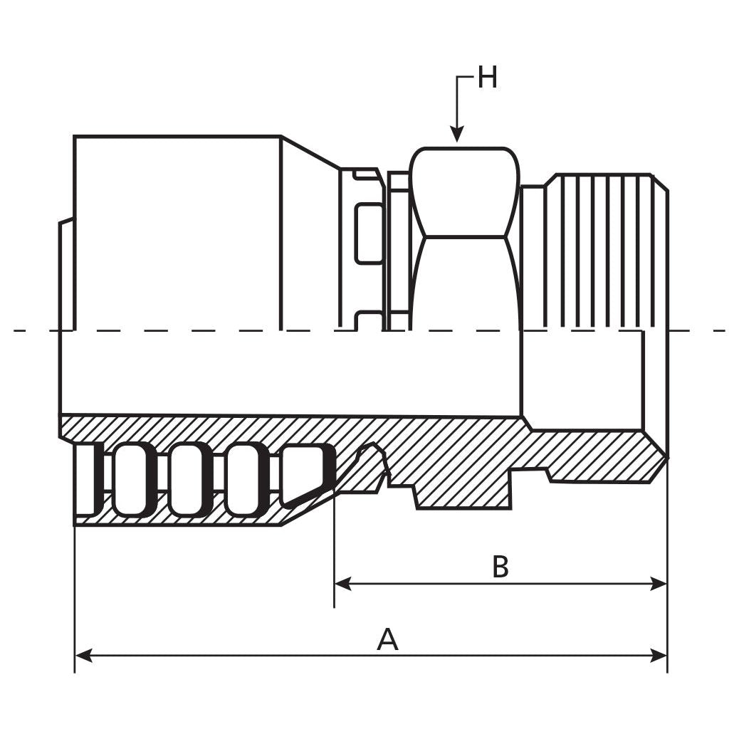 This technical drawing of the Parker Metric Hose Insert 3/4'' x M30 x 2.00 Male Straight Heavy Series - S.3413012 from Sparex, labeled with dimensions A, B, and H, showcases a detailed cross-sectional structure and threading on one side. It is suitable for understanding the precise specifications needed for manufacturing.