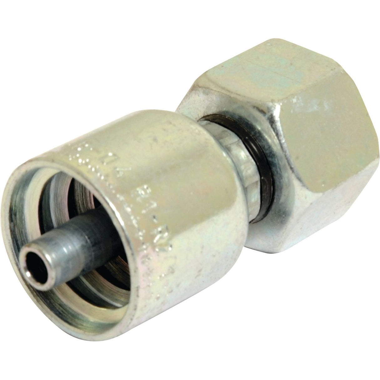 A close-up view of the Parker Metric Hose Insert 1/4'' x M18 x 1.50 Female Straight Swivel Heavy Series - S.3421804 by Sparex, featuring a hexagonal nut on one end and a cylindrical connector on the other. Suitable for high-pressure applications, this fitting meets industry product specifications for durability and reliability.