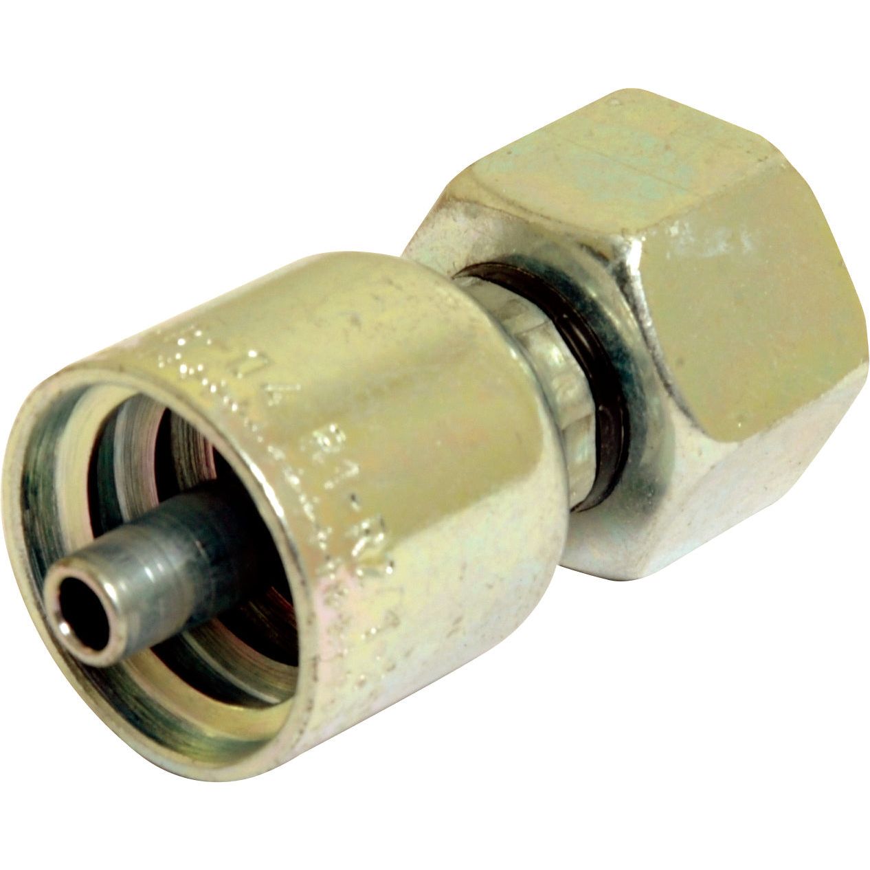 Close-up of a Parker Metric Hose Insert 3/8'' x M18 x 1.50 Female Straight Swivel Heavy Series - S.3421806 by Sparex, featuring a hexagonal nut and cylindrical connector with threading and an opening for attachment. Suitable for various hydraulic systems, this fitting includes detailed manufacturing information and product specifications.