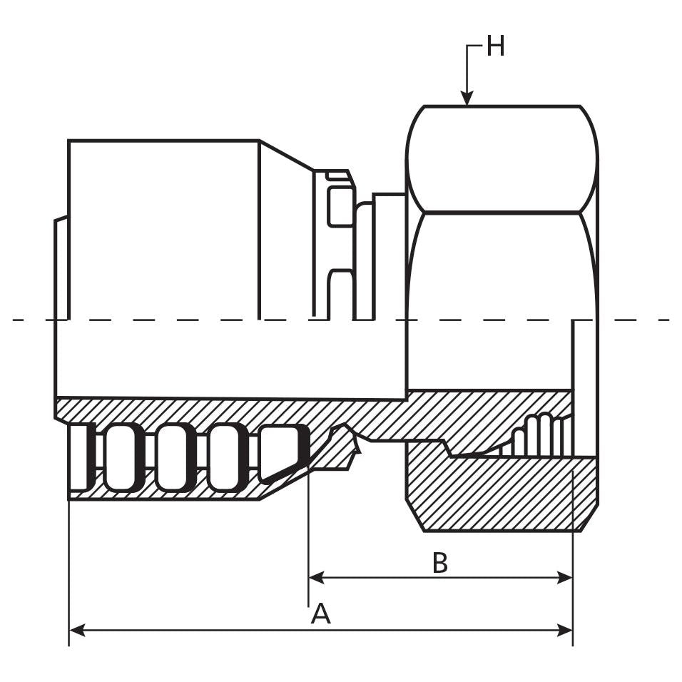 A precise technical drawing of the Parker Metric Hose Insert 5/16'' x M20 x 1.50 Female Straight Swivel Heavy Series - S.3422005 from Sparex, with labeled dimensions A, B, and H, including cross-sectional and side views. The diagram illustrates internal components and structural details crucial for accurate manufacturing.