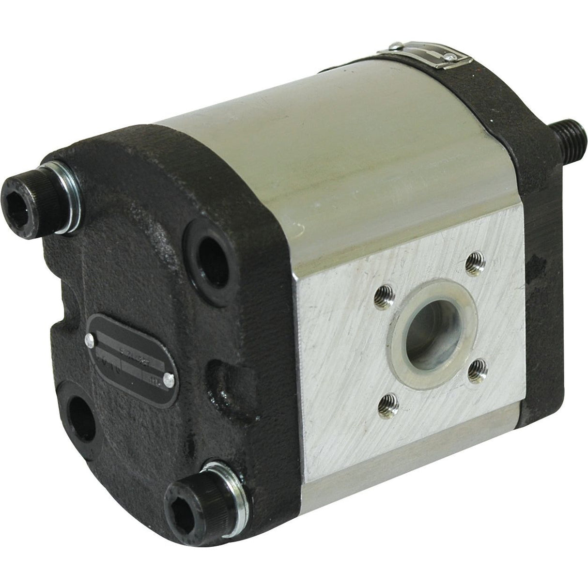 Close-up of the Sparex Single Hydraulic Pump - S.344827, featuring a cylindrical shape with fittings on either side, a central mounting hole, and black end caps.