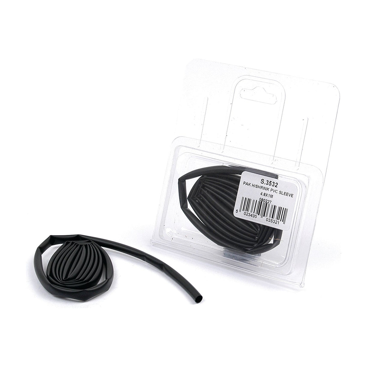 The Heat Shrink Sleeving - Ø4.8-2.4mm x 1M (1 pc. Agripak), Sparex Part No.S.3532, partially removed from its transparent plastic packaging.