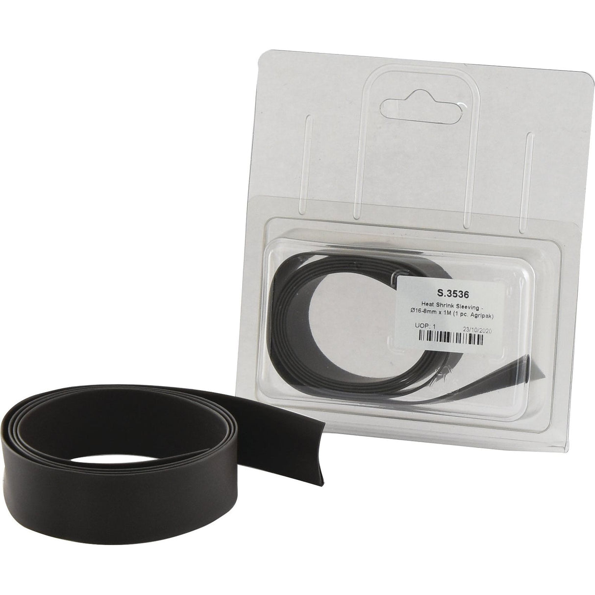A roll of Sparex black Heat Shrink Sleeving - Ø16-8mm x 1M (Sparex Part No.S.3536) is displayed, with another roll packaged in a clear plastic case.