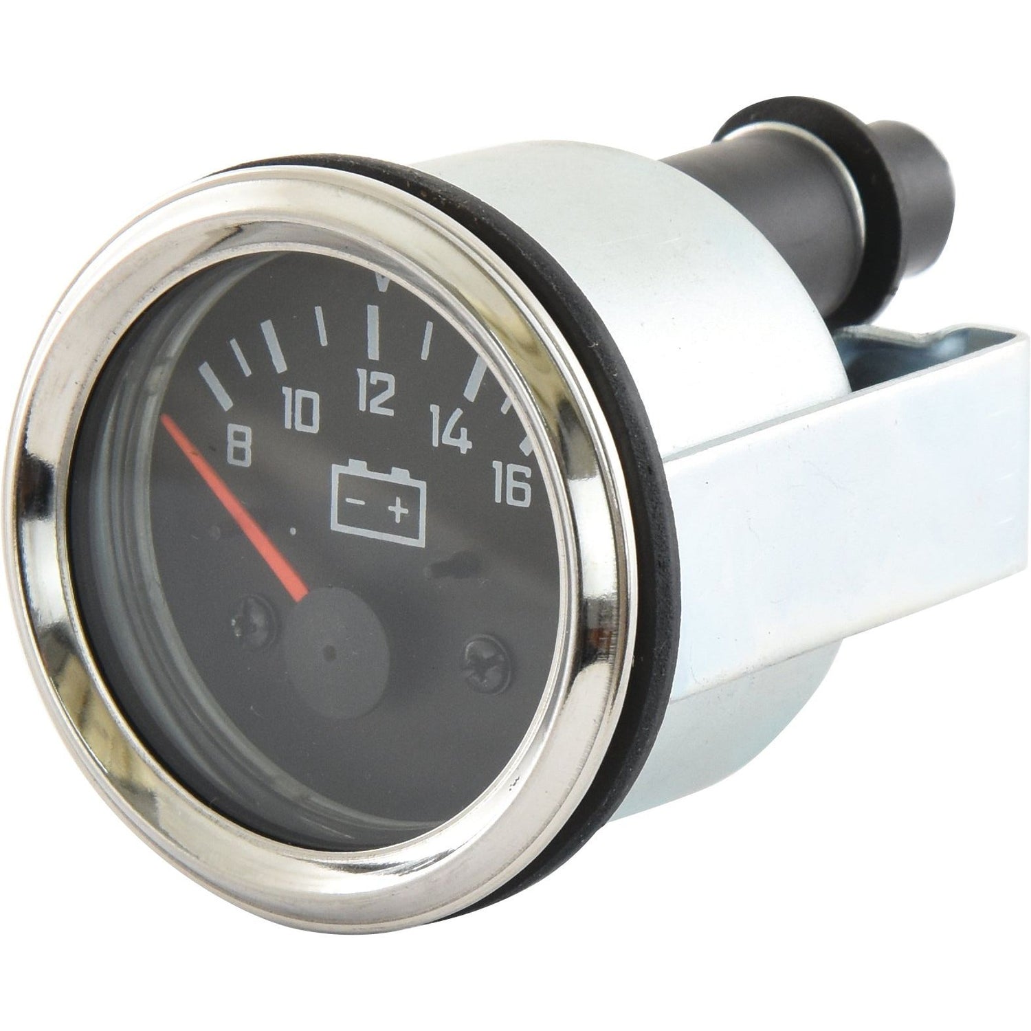 The Sparex Voltmeter (Part No. S.36993) features a 52mm round gauge with a black face, white numbers ranging from 8 to 16, and a red pointer indicating a low voltage reading, all framed by a sleek chrome ring.