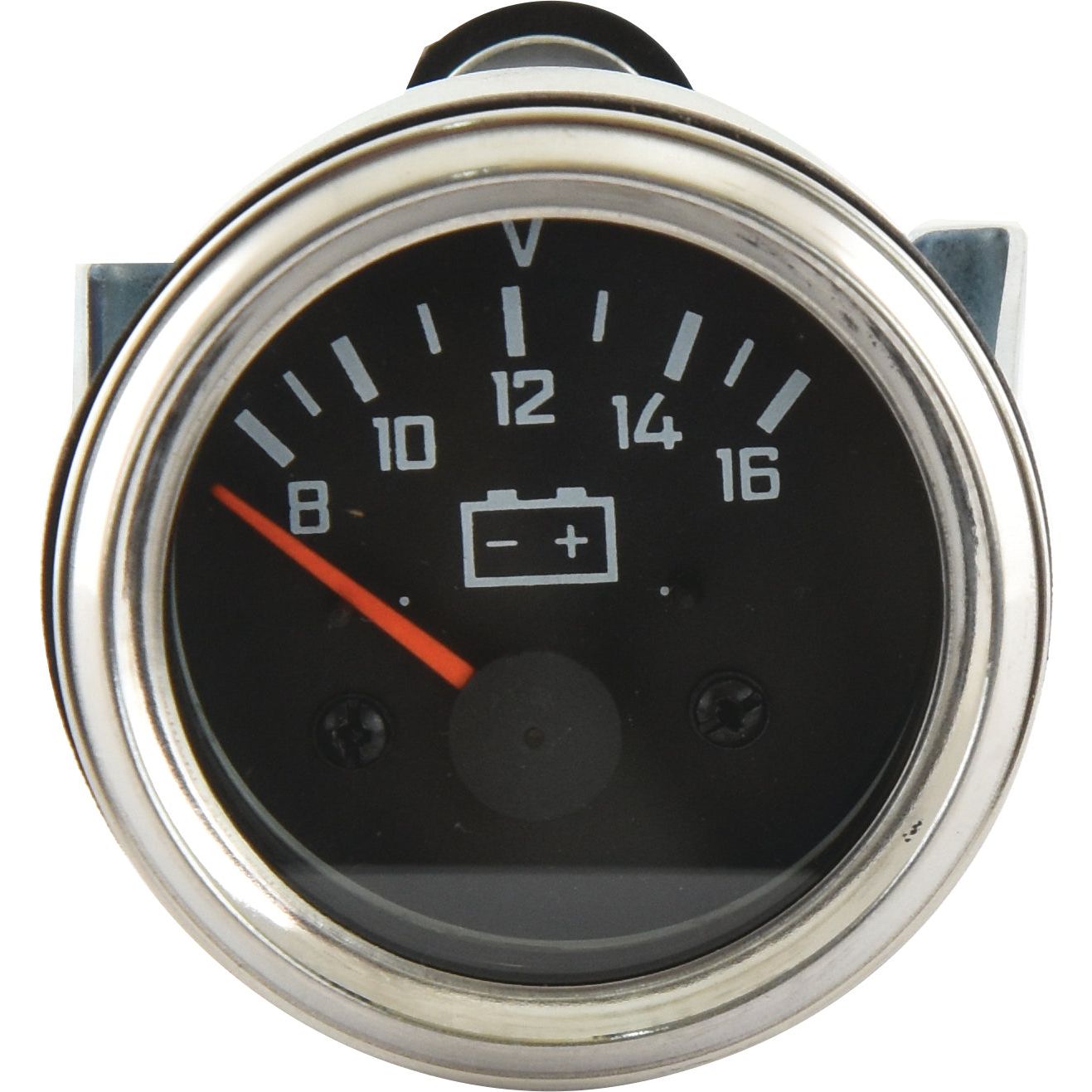 The Sparex Voltmeter, 8/16V (Part No. S.36993) is a round 52mm analog battery voltage gauge displaying a reading of 8 volts, featuring a black face with white numbers and a central battery symbol, all encased in a sleek Chrome Ring.