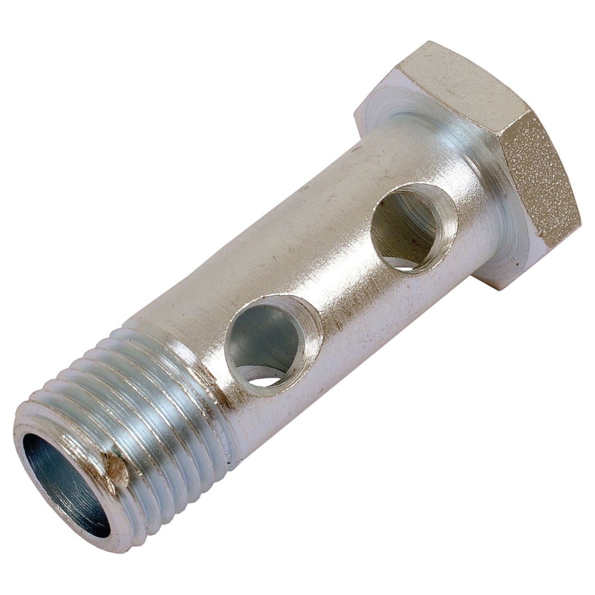 The Sparex BANJO BOLT DBL M16x1.5 NW10 - S.37227 features a silver metal design with multiple holes, a hexagonal head, and a threaded end. Perfectly engineered for precision, it boasts an M16 x 1.5 thread size tailored for metric type applications.