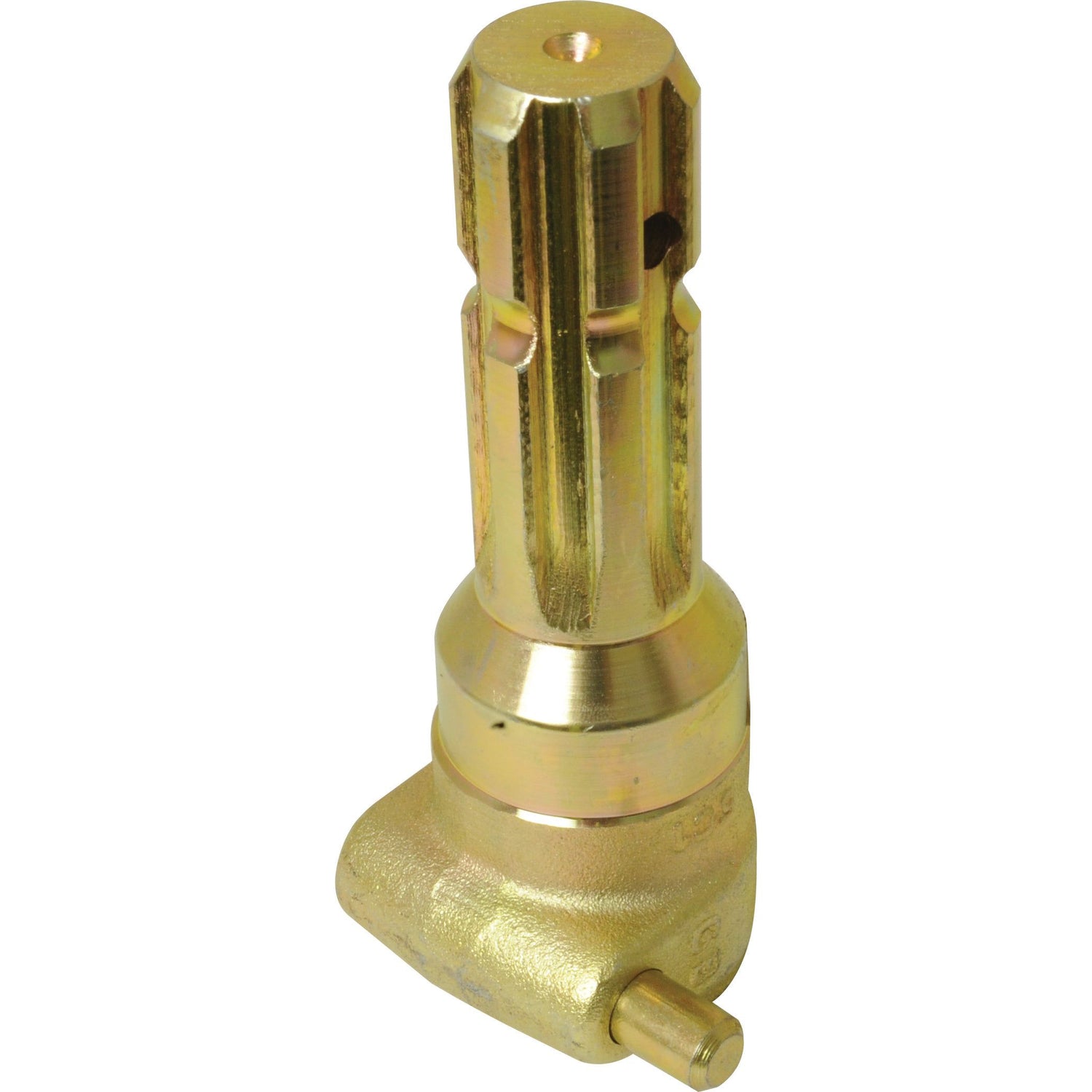A Sparex PTO Adaptor (S.3737) features a brass fitting with a ridged cylindrical top, a smaller horizontal extension at the bottom, and includes a quick release pin for easy installation.