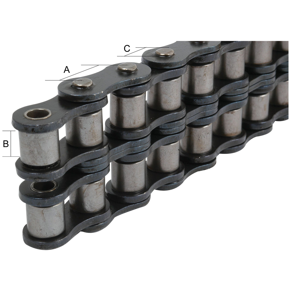 Close-up view of a Sparex Drive Chain - Duplex, 06B-2 (5M) with labeled dimensions A, B, and C indicating the various measurements of the chain components.