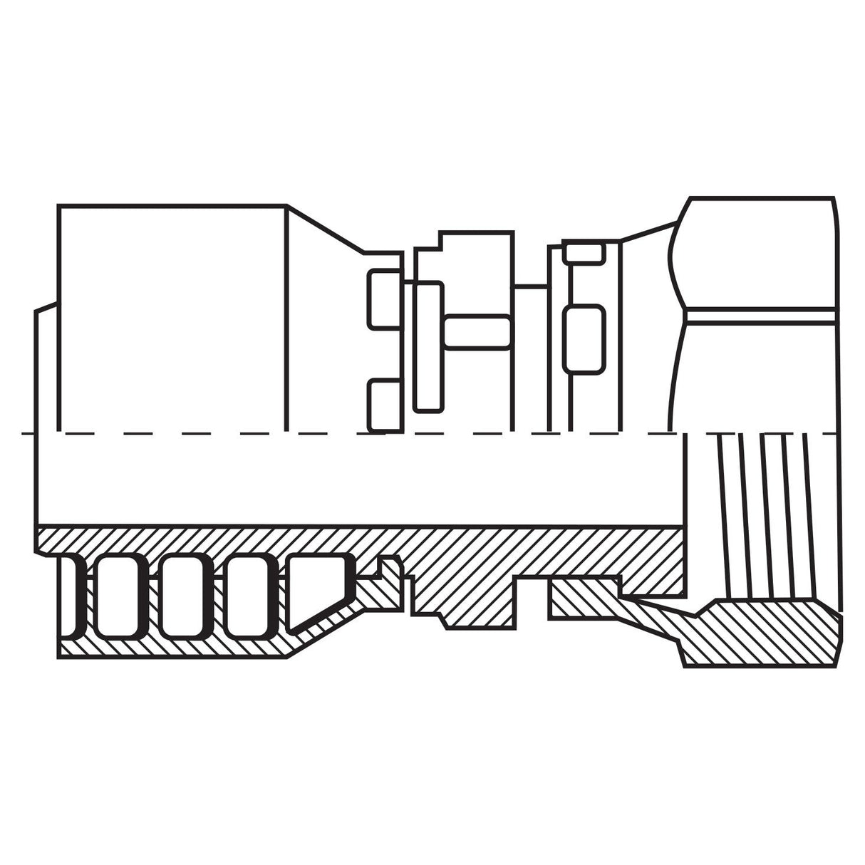 Cross-sectional line drawing of a mechanical component with several detailed segments, illustrating the internal structure and design, highlighting a 1-piece fitting of the Parker ORFS Hose Insert 3/8'' x 1 3/16'' Female Straight Swivel (Short) - S.3841306 by Sparex.