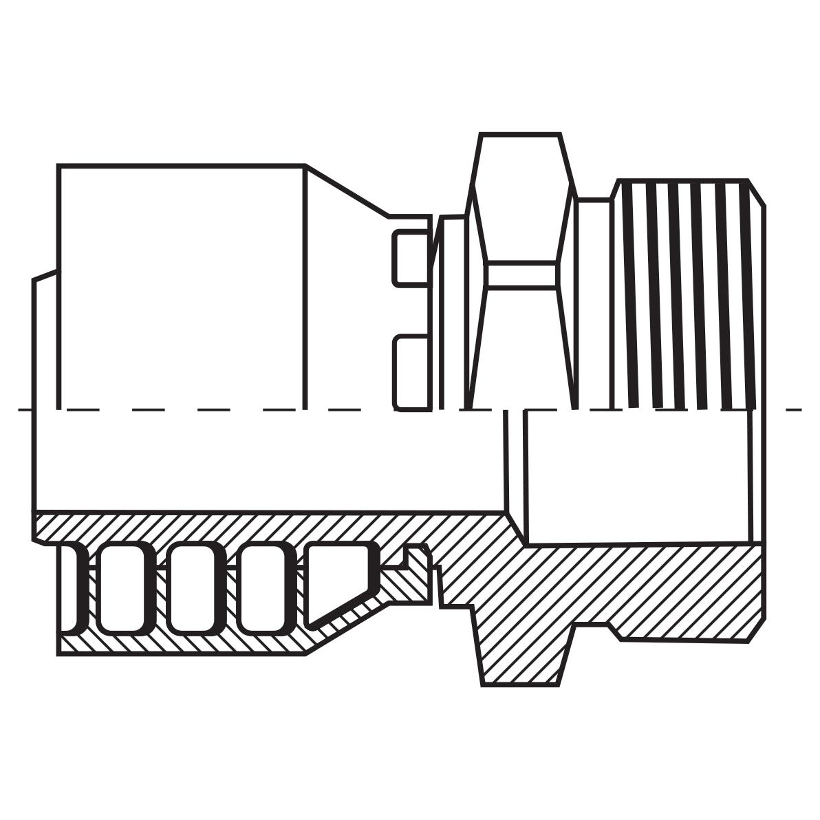 Technical line drawing of the Parker ORFS Hose Insert 1/2'' x 1'' x 14'' Male Straight - S.3851608 by Sparex, with a cross-sectional view showcasing various geometric shapes, including a hexagonal section and grooved areas. The features also indicate the hose inner Ø and Thread type ORFS for compatibility with Parker fittings.