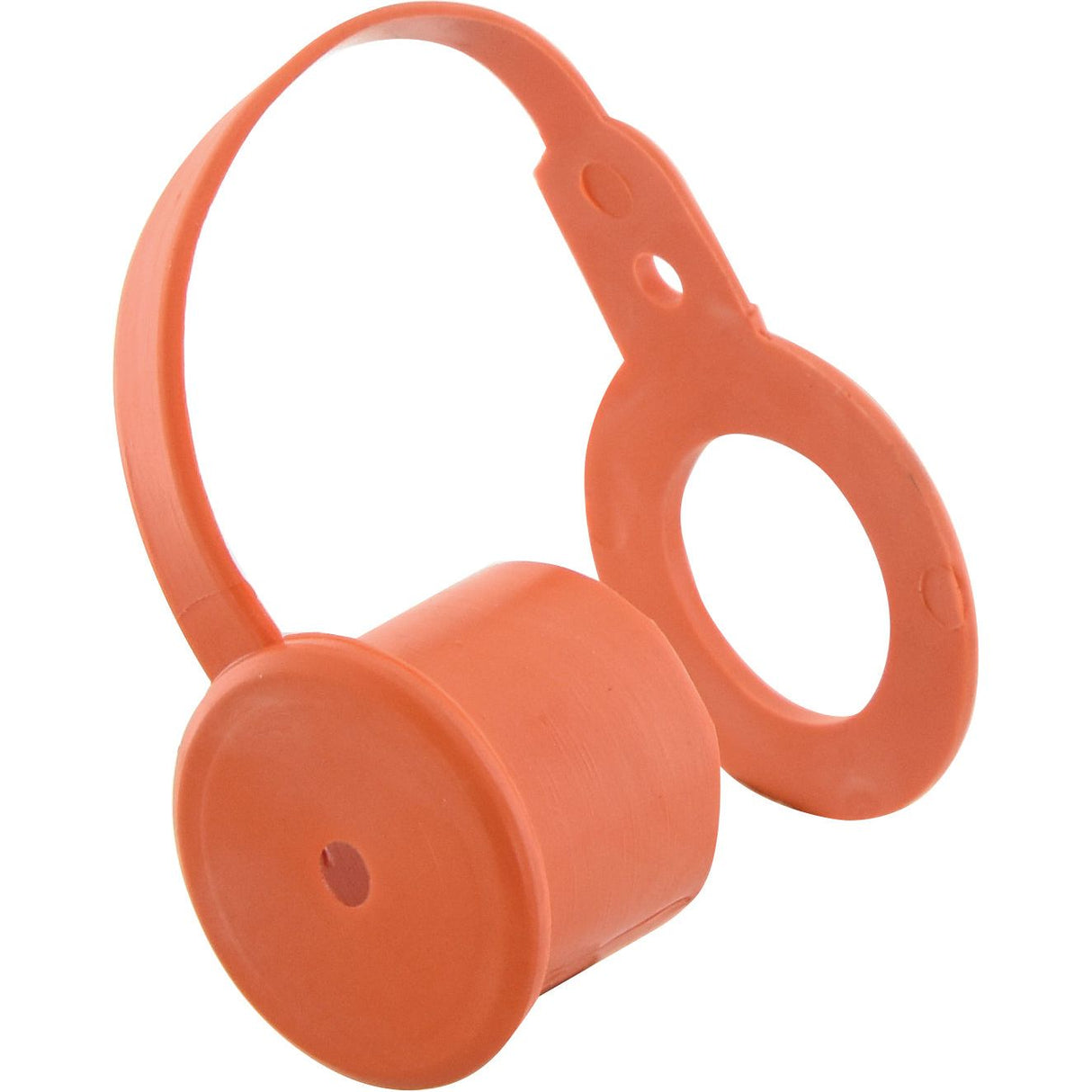 The Sparex Dust Cap Orange PVC, model S.3853, designed for 1/2'' male couplings, features a flexible attachment band and two circular sections, one of which includes a central hole for a snug fit.