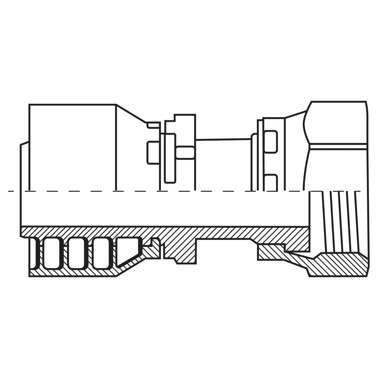 A technical cross-sectional diagram of a mechanical component, showcasing internal structures and threaded sections including a Sparex Parker ORFS Hose Insert 5/8'' x 1 3/16'' x 12'' Female Straight Swivel (Long) - S.3861910 in detailed line work.