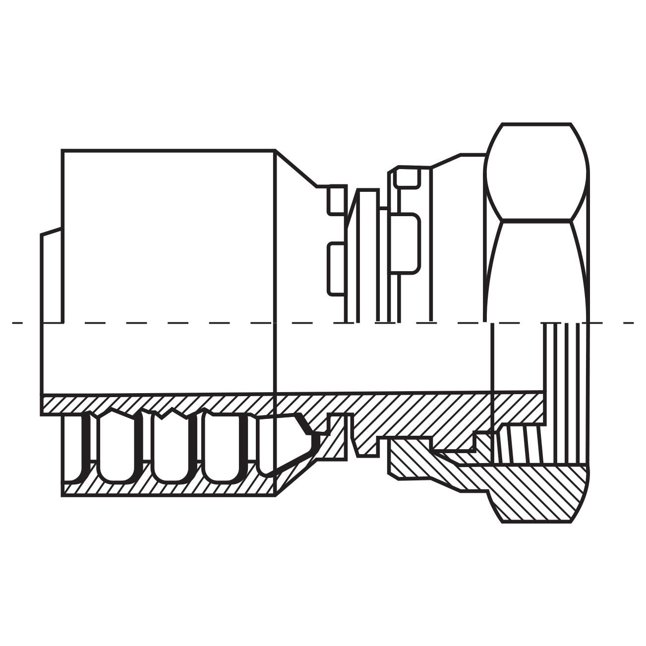 A technical line drawing of a sectional view of a mechanical component, featuring gears and complex shapes, including a Parker Metric Hose Insert 1/4'' x M20 x 1.50 Female Straight Swivel Gas Series - S.3912004 by Sparex.