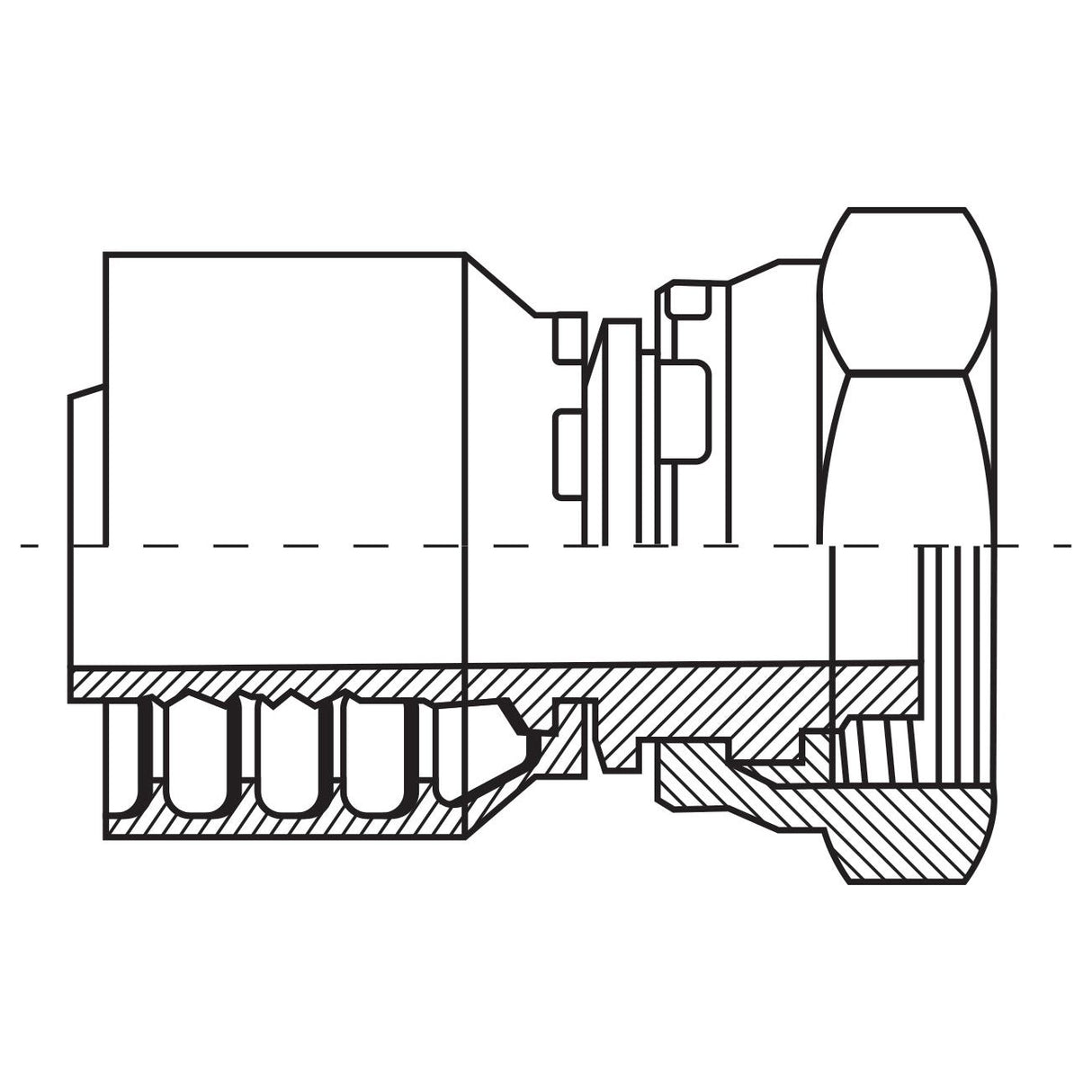 A technical line drawing of a sectional view of a mechanical component, featuring gears and complex shapes, including a Parker Metric Hose Insert 1/4'' x M20 x 1.50 Female Straight Swivel Gas Series - S.3912004 by Sparex.