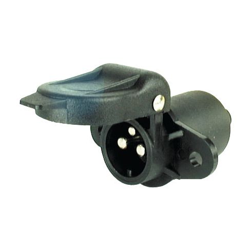 The Sparex 3 Pin Auxiliary Socket (Part No. S.56373) is a black male electrical connector with a protective cover, featuring a 12V, 3 pin socket and designed for trailer hitch wiring with a 2 bolt fixing.