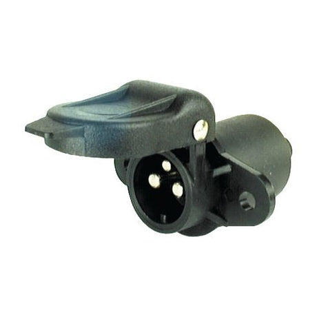 The Sparex 3 Pin Auxiliary Socket (Part No. S.56373) is a black male electrical connector with a protective cover, featuring a 12V, 3 pin socket and designed for trailer hitch wiring with a 2 bolt fixing.
