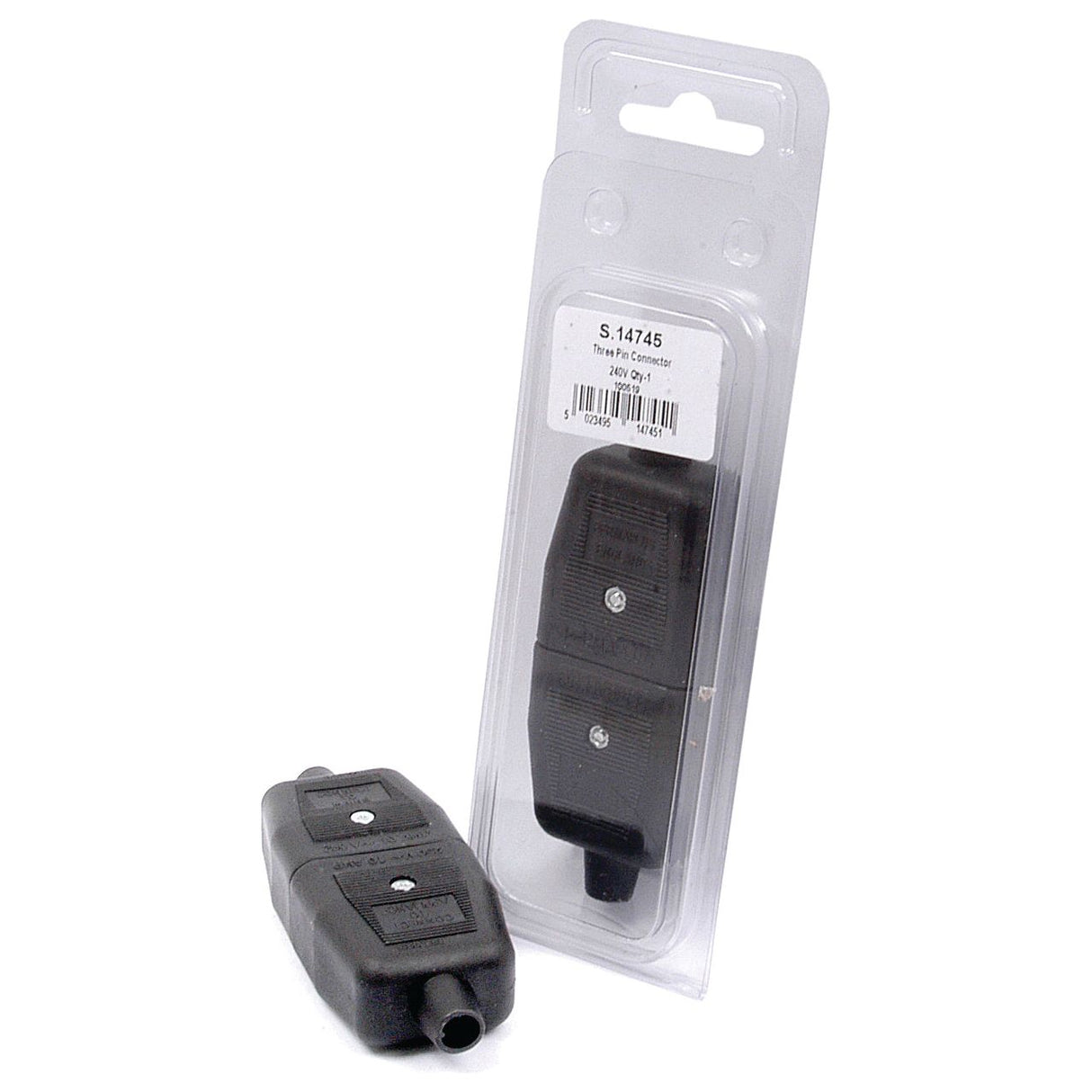 Two black remote controls, one featuring a Sparex Part No. S.14745 3 Pin Male/Female Connection (10 Amps) in plastic blister packaging and the other outside of it.