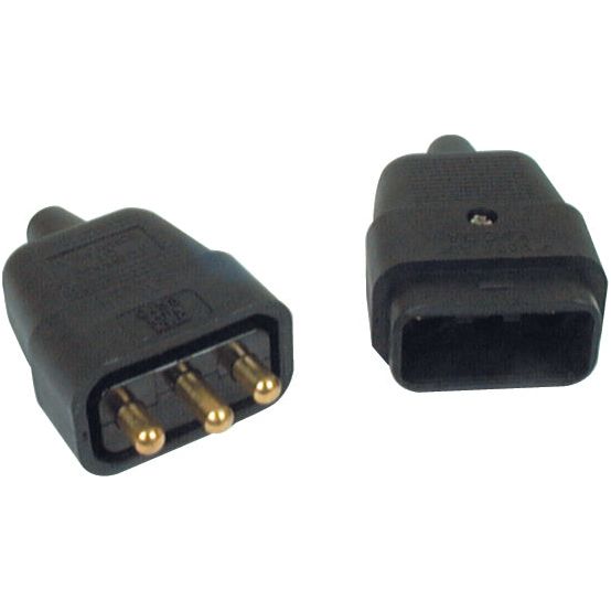 The Sparex 3 Pin Male / Female Connection (Part No. S.14745) features a black electronic connector set, consisting of a male connector with three gold pins and a female connector with three corresponding sockets, capable of handling up to 10 Amps.