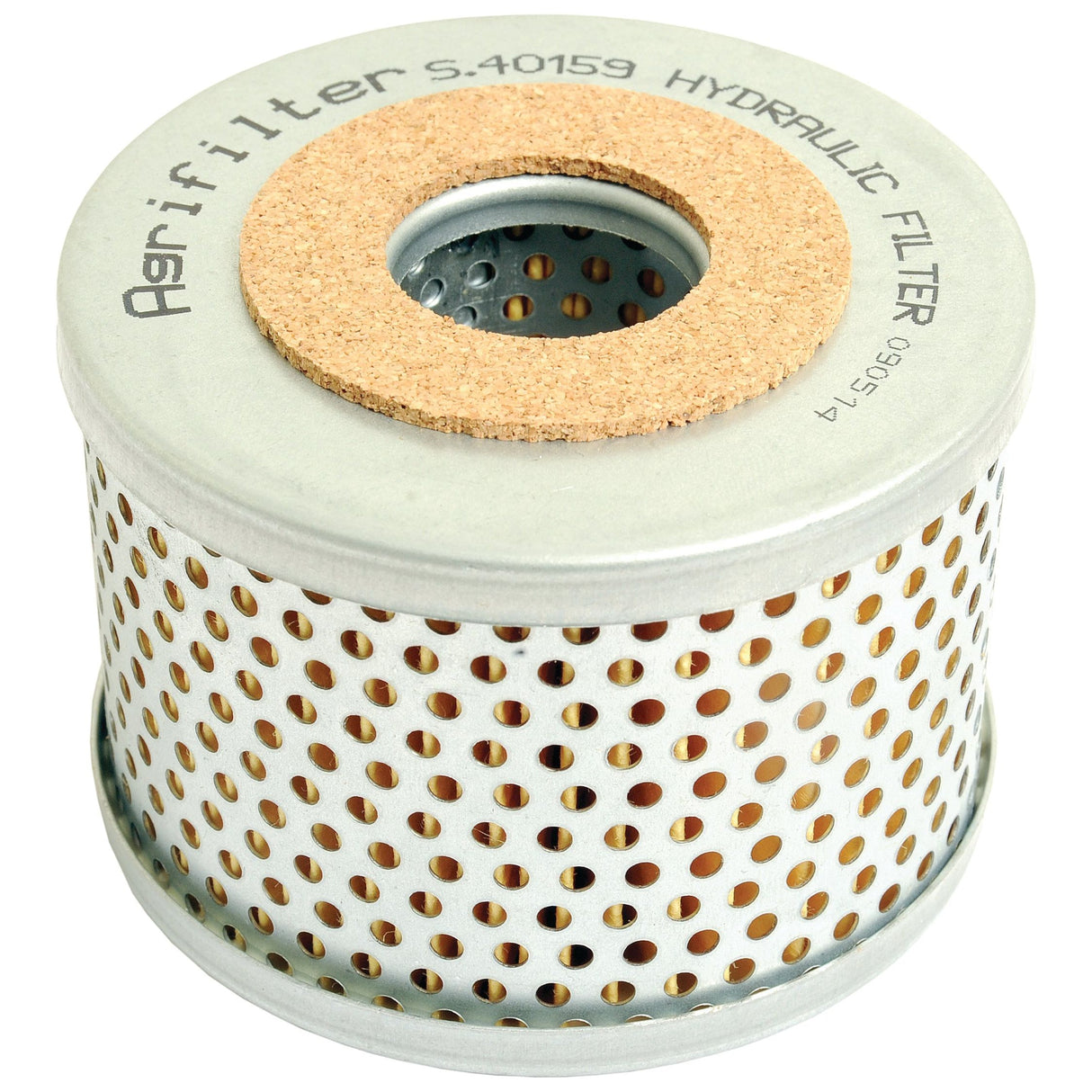 A cylindrical metal hydraulic filter with perforated holes and a cork ring on top, labeled as "Power Steering Filter - Element, Sparex Part No. S.40159," ideal for Massey Ferguson power steering systems.