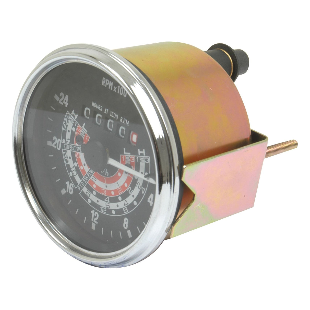 The Sparex Tachometer (KPH) | Sparex Part No. S.41068 features a round analog dial with a black face, displaying both RPM and hours, housed in a metallic casing—ideal for accurately monitoring your Massey Ferguson equipment.