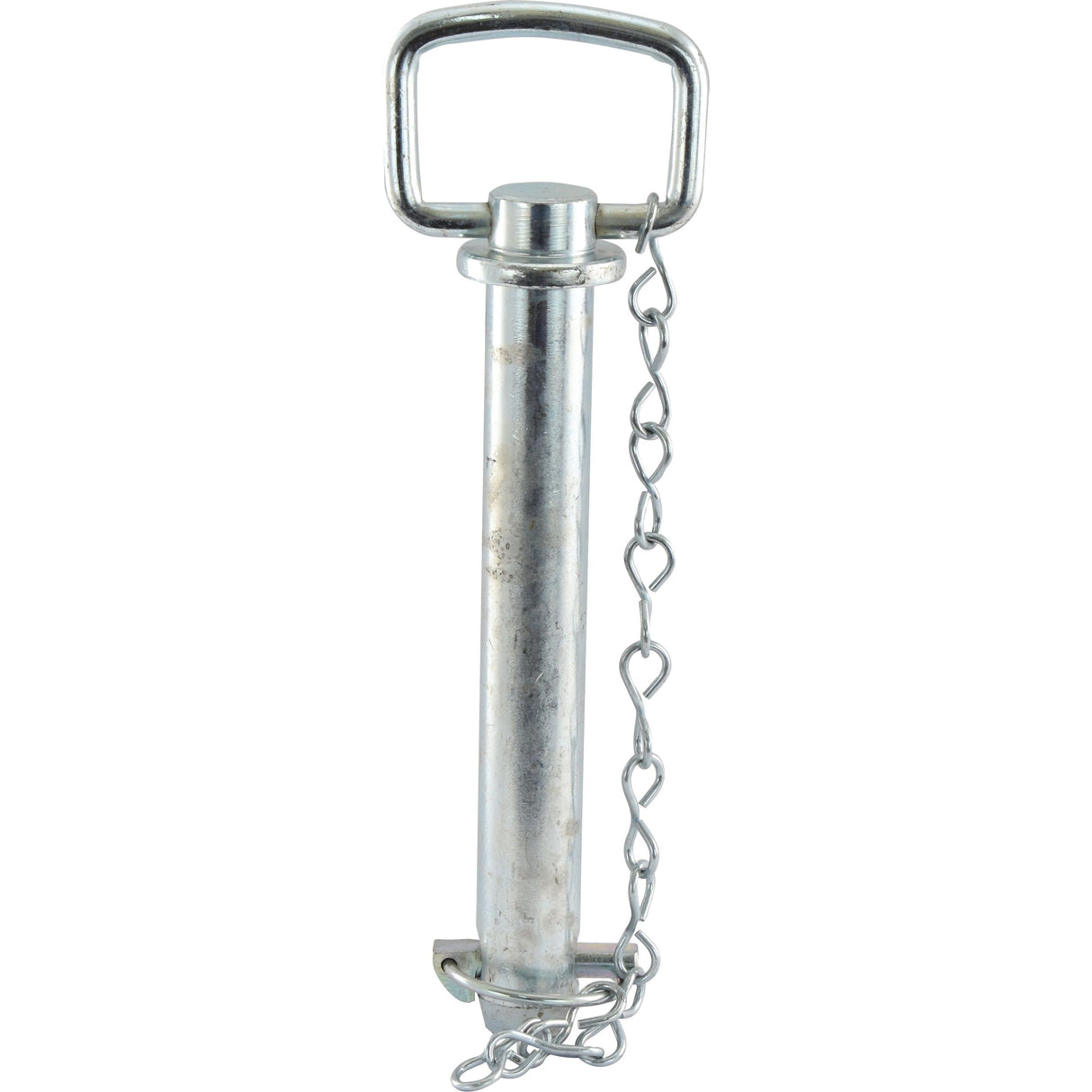 Close-up of the Hitch Pin with Chain & Linch Pin from Sparex, featuring a metallic clevis pin with a rectangular handle, cylindrical body, and an attached chain. The pin has an overall length of 233mm and a working length of 183mm. This product is identified as Sparex Part No.S.412 and measures 28.6mm by 183mm.