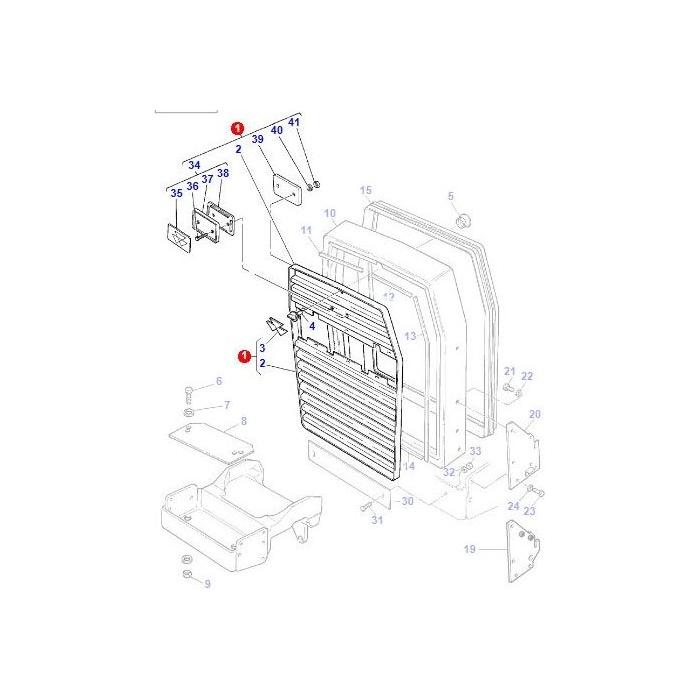An exploded view diagram of a mechanical assembly, displaying numbered components with corresponding part numbers, including a central gridded panel and various connectors and brackets, ideal for maintenance of Massey Ferguson 200 Series and 300 Series models, featuring AGCO's Massey Ferguson Grille (Part Number: 3701924M91).
