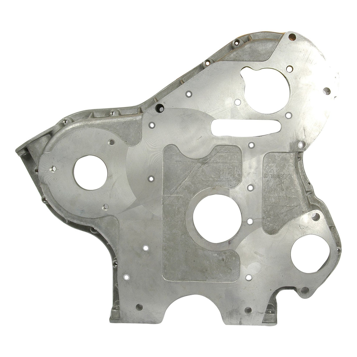 The Rear Timing Gear Housing | Sparex Part No. S.42124 is a metal engine timing cover with various circular cutouts and mounting holes, specifically designed as a Housing Rear Timing Cover compatible with Massey Ferguson and Landini models.