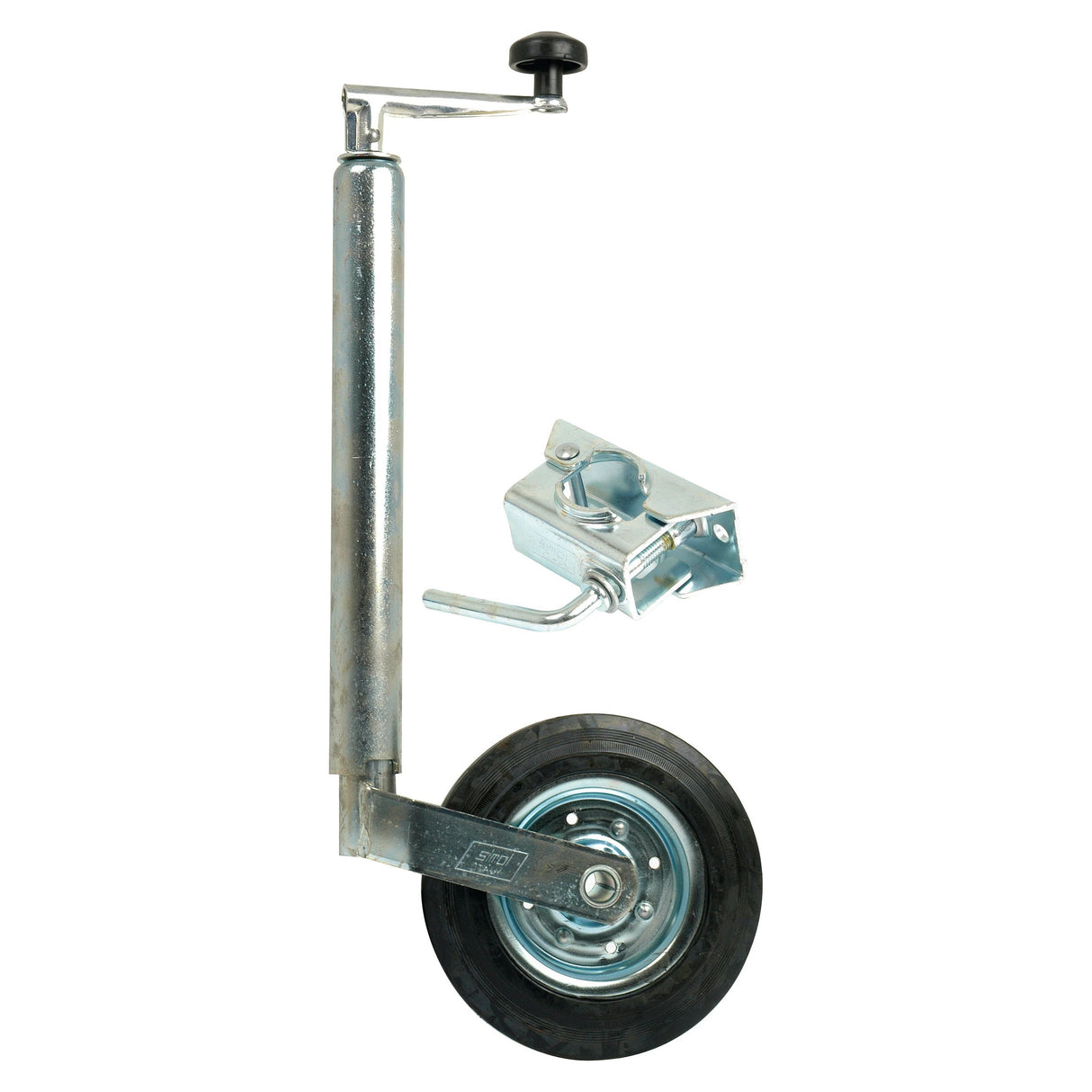 The Jockey Wheel Jack, Tube Ø 42mm - Complete - S.4224 from Sparex features a steel construction, a black tire with a wheel diameter of 200mm, and an attached manual crank handle. It has a static load capacity of 150kg.