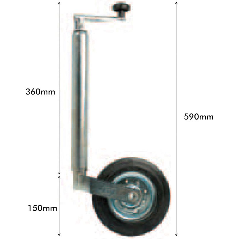 The Sparex Jockey Wheel Jack, Tube Ø 42mm - Complete - S.4224, is an adjustable height trailer jockey wheel made from durable steel, with dimensions of 360mm, 150mm, and 590mm marked on the image.