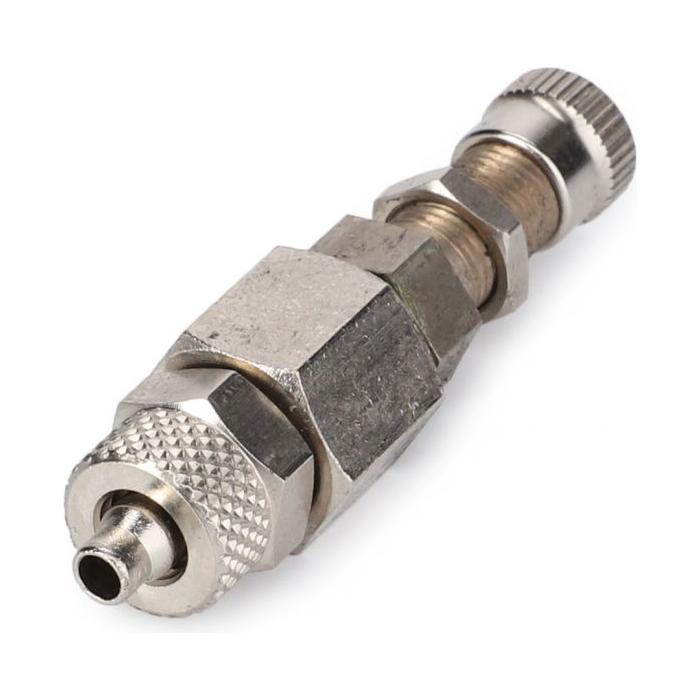 Close-up of the AGCO Massey Ferguson Blow Off Valve (Part Number: 4275874M91), showcasing its metallic pneumatic fitting with a knurled grip and hexagonal nut, featuring threaded ends and a central connecting piece, ideal for air hose connections in Massey Ferguson machinery.