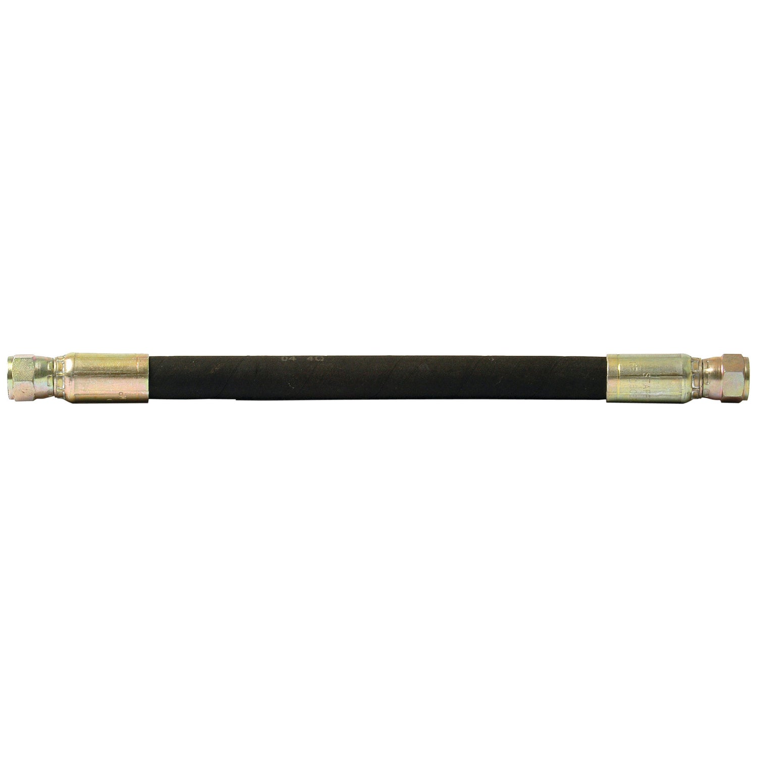The Steering Hose Assembly 2WD - 550mm (LH), Sparex Part No. S.43116, by Sparex, is an industrial hose with metal fittings on both ends, designed for fluid transfer and perfect for use as a Steering Hose Assembly for Massey Ferguson 2WD tractors.