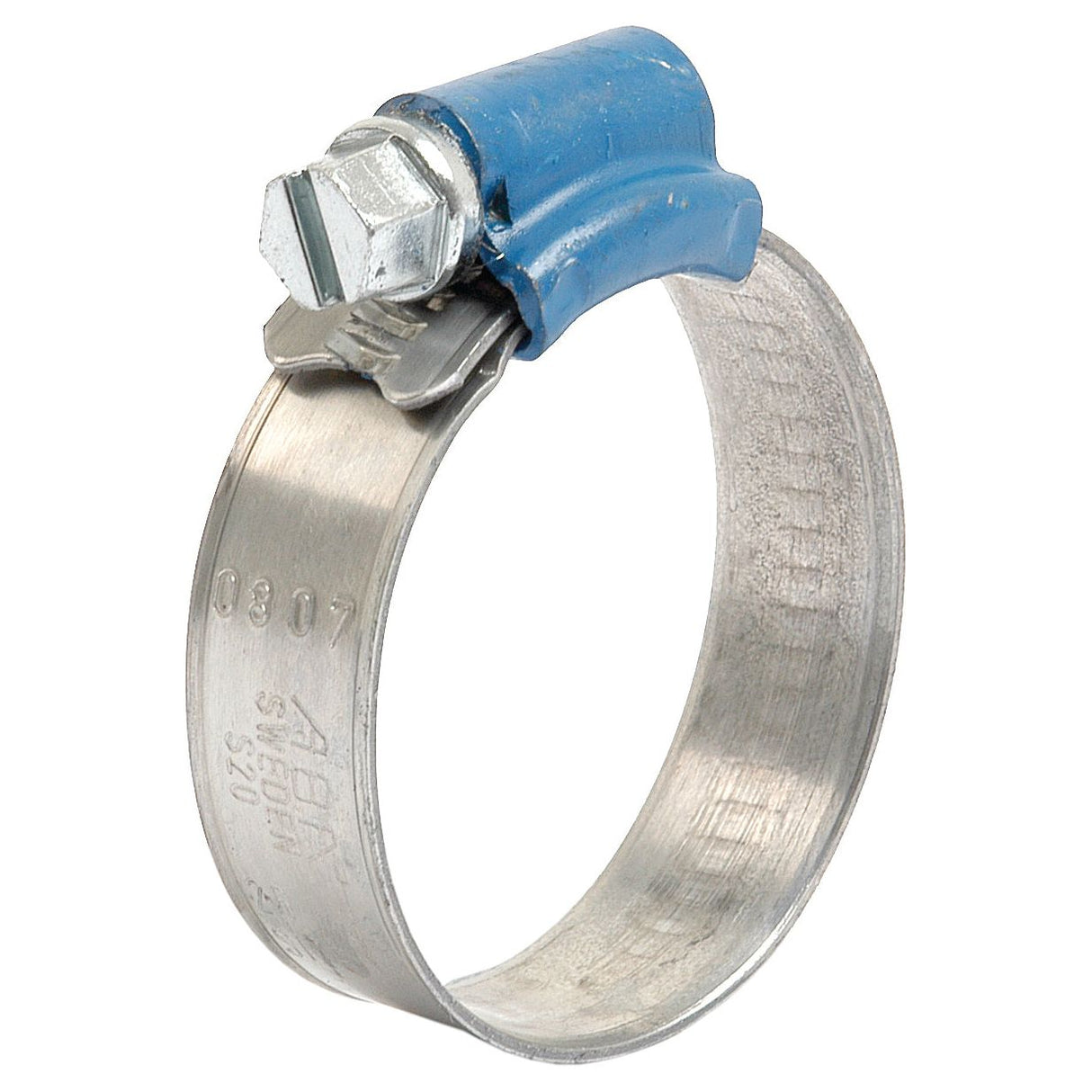 A Sparex Hose Clip (Part No. S.4328) in silver, ranging from Min Ø26mm to Max Ø38mm, featuring a blue screw adjustment mechanism.
