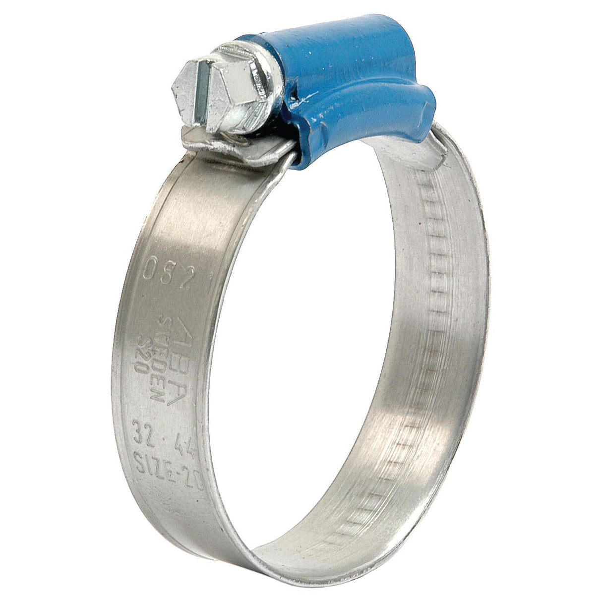 Image of the Sparex Hose Clip, Min Ø32mm, Max. Ø44mm (Sparex Part No.S.4329), featuring a blue-coated screw adjustment mechanism on top of the galvanised steel worm drive hose clamp.