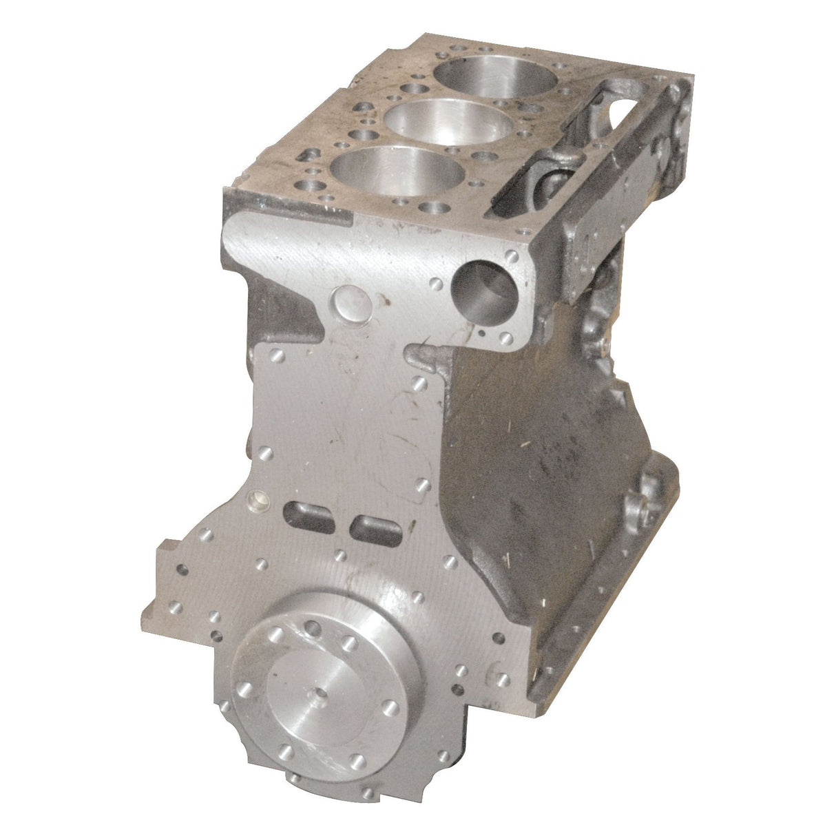 A close-up view of the Short Engine: AD3.152 - S.43766 by Sparex, featuring three visible cylinder bores and several precision drill holes, showcases the intricate details required for optimal performance in a 3-cylinder engine.