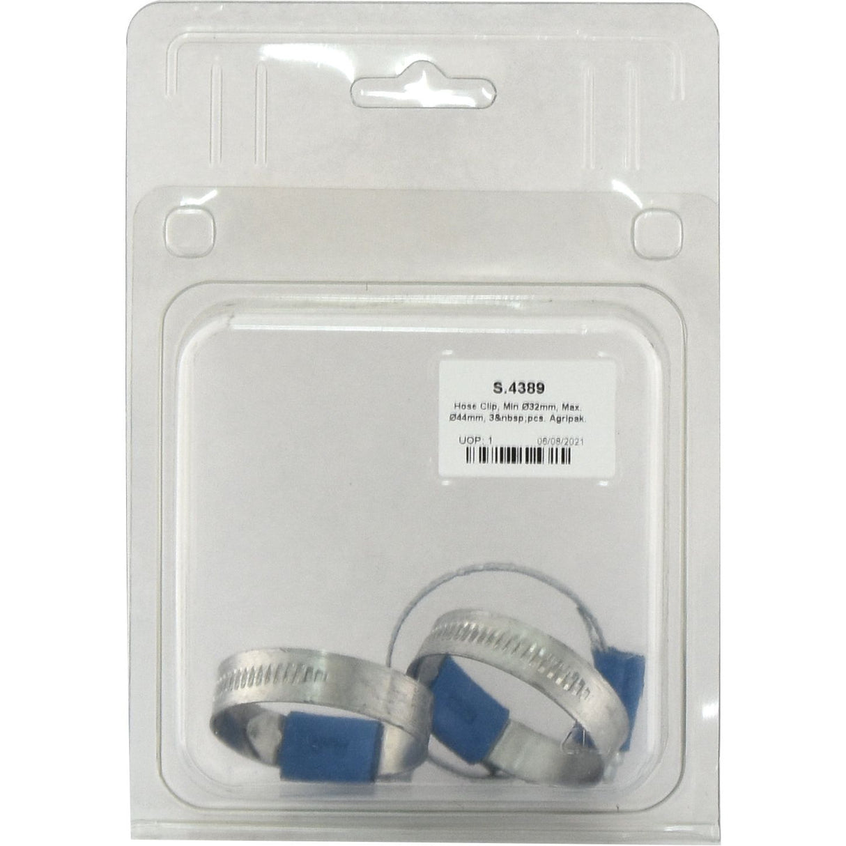 Two Hose Clips, Min Ø32mm, Max. Ø44mm, from Sparex (Sparex Part No. S.4389) in plastic packaging, with a label indicating the model number and specifications. The clamps are silver with blue components and are secured within the plastic holder.