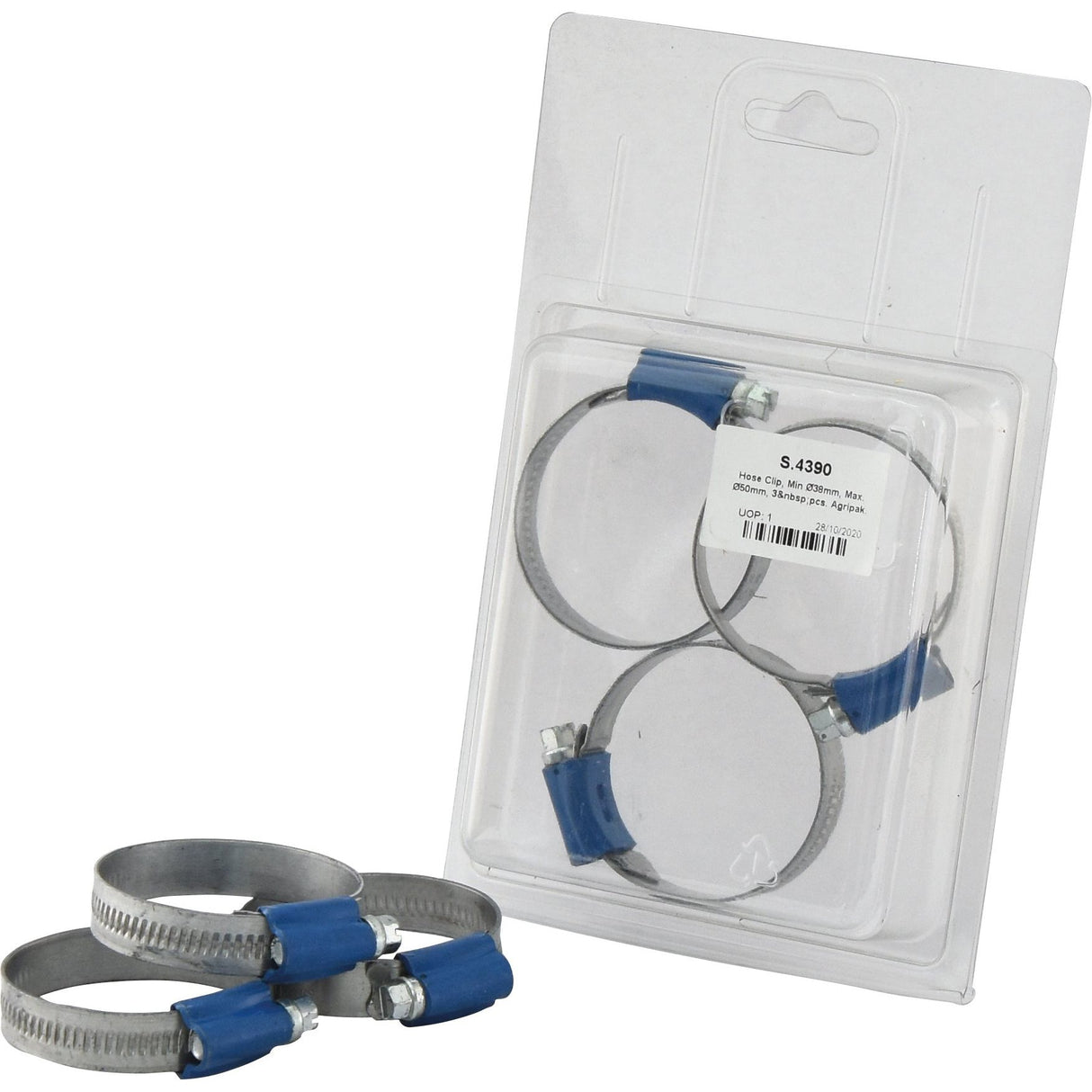 A Sparex Hose Clip set, comprising three metal Worm Drive Hose Clamps (Min Ø38mm to Max Ø50mm), is packaged with a label. Two additional clamps are displayed in front of the Agripak package.