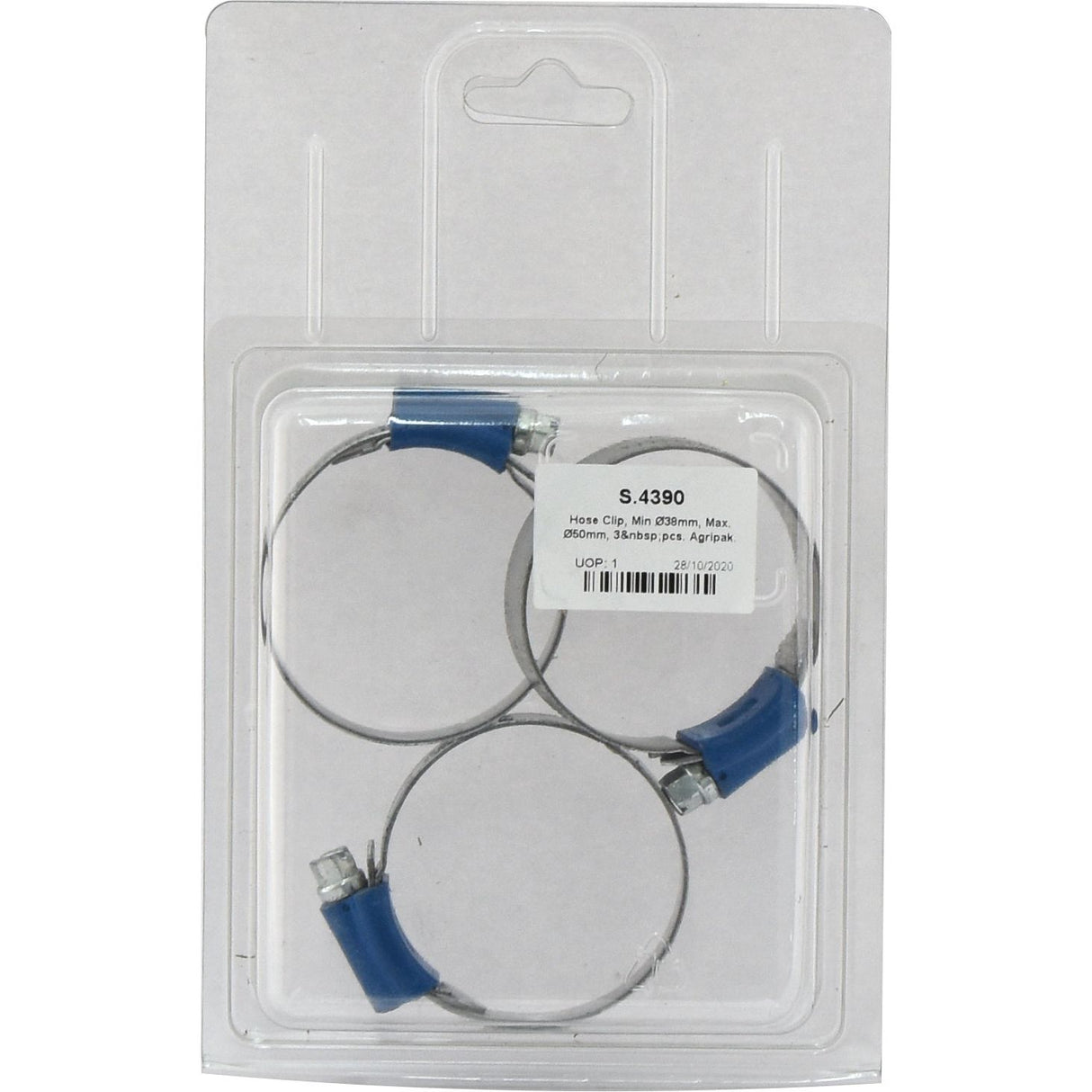 Three Hose Clips, with a range from Min Ø38mm to Max Ø50mm, are packaged in a clear plastic clamshell case under the brand name Sparex. The set includes 3 pieces and is labeled as Sparex Part No. S.4390 Agripak.