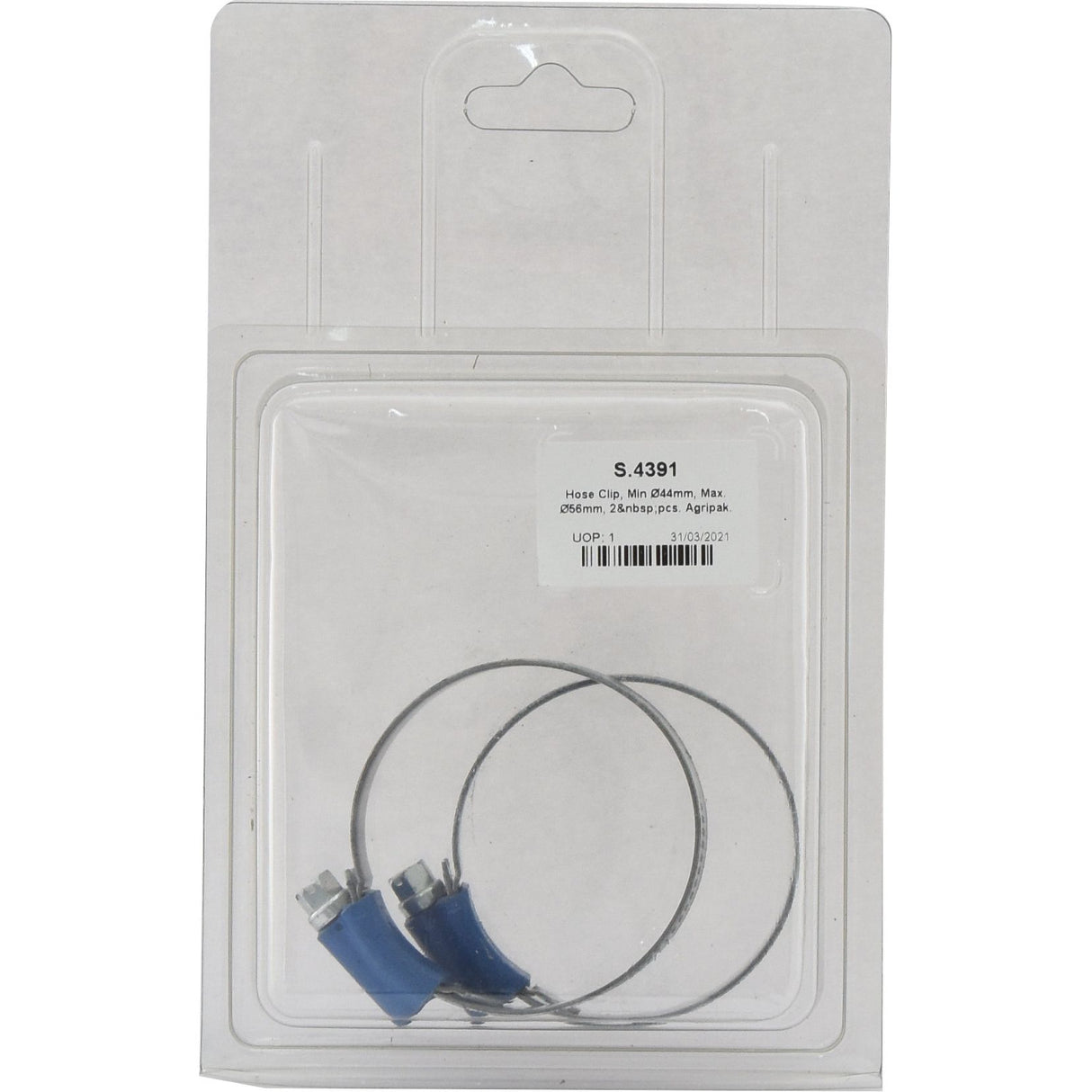 Plastic packaging containing two metal worm drive hose clamps with blue adjusters. The label reads "S.4391" and provides product details and barcode information. This product, named Hose Clip, Min Ø44mm, Max Ø56mm, 2 pcs. Agripak., is from the brand Sparex and labeled as Sparex Part No.S.4391.