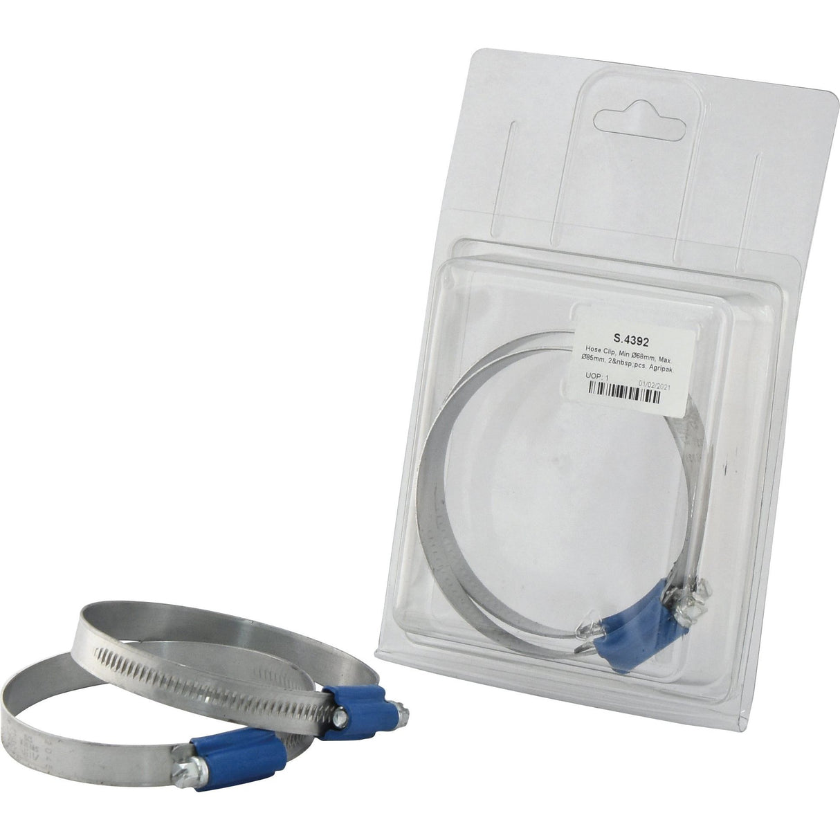 Two metal Sparex Hose Clips (Min Ø68mm, Max. Ø85mm), part of the Agripak series with blue plastic handles, are showcased in front of their original packaging, which includes a similar clasp and a labeled information card.