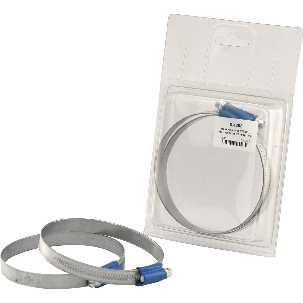 The set includes two Hose Clips with a minimum diameter of 77mm and a maximum diameter of 95mm, one currently in use and the other still in its package. These clips feature a metal band with a blue screw mechanism designed for securing hoses. The packaging displays product details and a barcode, labeled as Part No.S.4393 under the Sparex brand in their Agripak line.