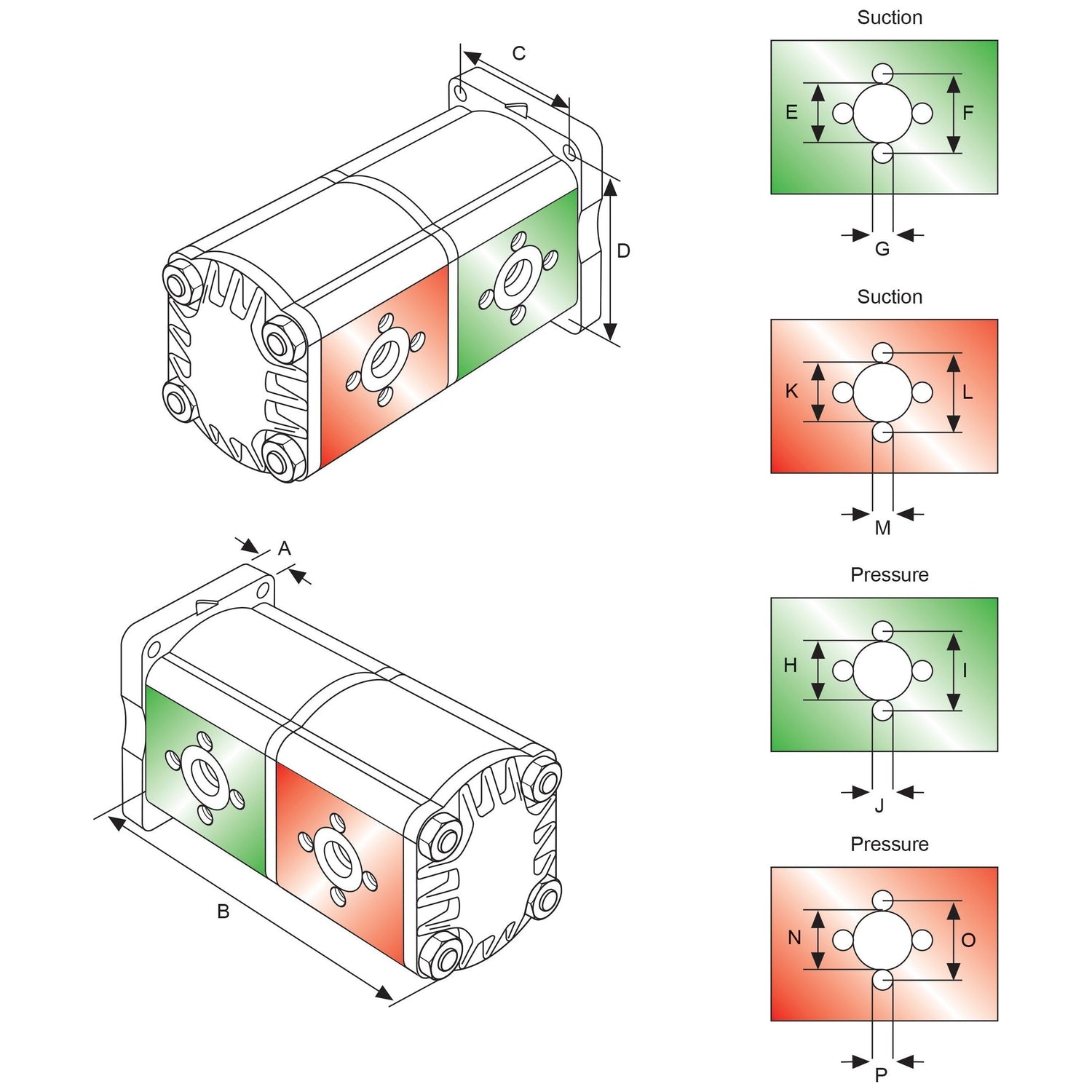 Technical diagram of the Tandem Hydraulic Pump - S.43958 from Sparex, featuring labeled dimensions (A-P) and indicating suction and pressure ports. The left image displays an isometric view, while the right images illustrate port configurations. This dual-section hydraulic pump is designed with anti-clockwise rotation for optimal performance.