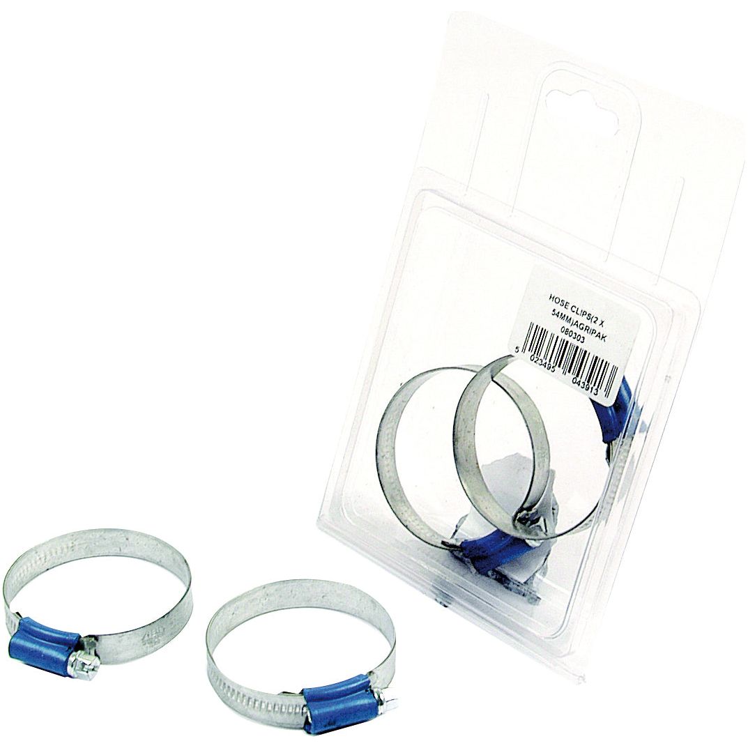 A package of Sparex Hose Clips (Min Ø130mm, Max Ø165mm, 2 pcs. Agripak) with two Worm Drive Hose Clamps placed outside the packaging.