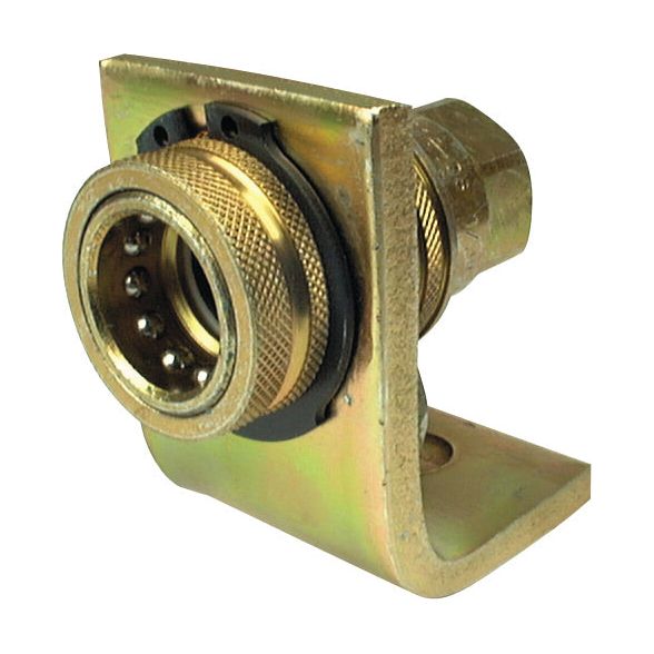 The Sparex Hydraulic Quick Release Coupling Set (Single Bracket), featuring a 1/2'' body and 1/2'' BSP female thread, includes a brass and metal right-angle hydraulic fitting with threaded ports and mounting holes, designed for easy connections using an ISO 7241 A Quick Release Coupling.