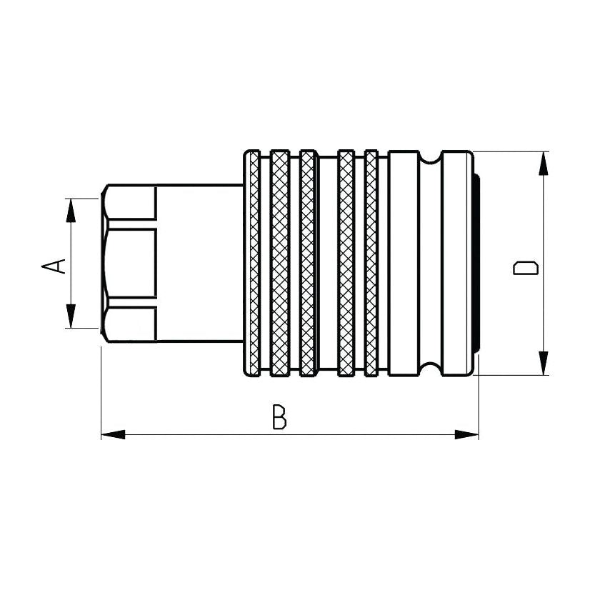 Technical drawing of a cylindrical component with detailed measurements and textured grip design, showing labeled dimensions A, B, and D. The part features a 1/2'' BSP Female Thread for the Sparex Quick Release Hydraulic Coupling Male / Female 1/2'' Body x 1/2'' BSP Female Thread (Sparex Part No.S.4501), crafted from durable Carbon Steel by Sparex.